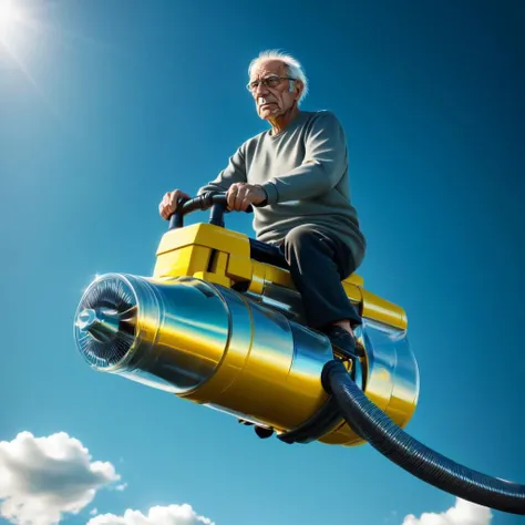 <lora:flying_vacuum_cleaner_v1:0.5>,1boy, old man, blue_sky, cloud, day, long_sleeves, outdoors, realistic, riding, shoes, sky, solo, looking at viewer, sitting, from below, sunlight, flying, science fiction, aircraft, nose, airplane, riding, spacecraft, FLCL, yellow vacuum cleaner,