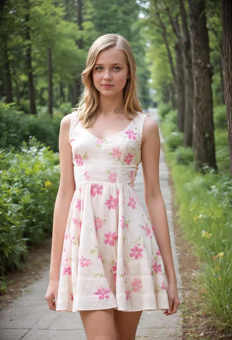 score_9, score_8_up, score_7_up, Realistic photo of ango woman, forest trail, tiny pink floral dress, walking, makeup, beautiful eyes, detailed skin, depth of field, small breasts, blushing <lora:Angourie-Rice_token_ango_woman_r64_model_EverClear_v1:1>, pale