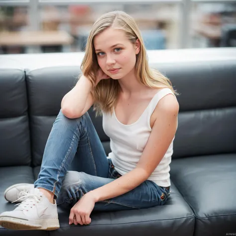 score_9, score_8_up, score_7_up, Realistic photo of ango woman, sitting on couch, white tanktop, jeans, makeup, beautiful eyes, detailed skin, depth of field, small breasts, blushing <lora:Angourie-Rice_token_ango_woman_r64_model_EverClear_v1:1>, pale, looking at viewer, white sneakers, freckles, closeup portrait