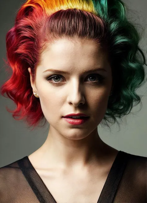 portrait of sks woman by Flora Borsi, style by Flora Borsi, bold, bright colours, rainbow Mohawk haircut, ((Flora Borsi)), <lora:locon_annakendrick_v1_from_v1_64_32:1>