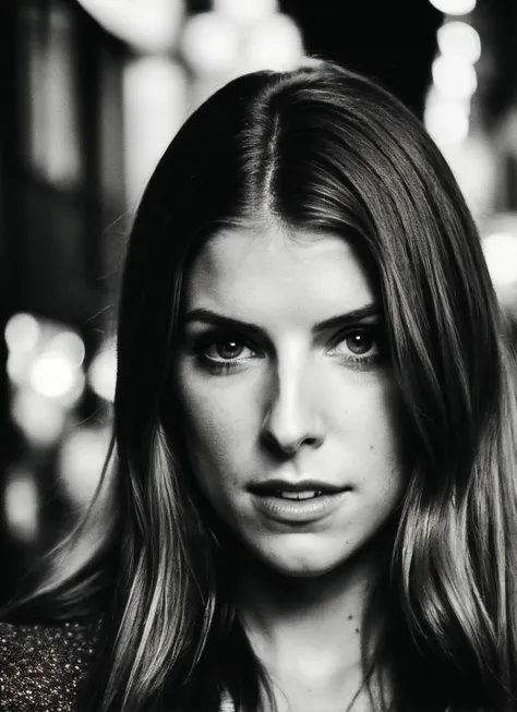 candid RAW close up portrait photo of sks woman in a (purple colored suit:1.0) on a dark street with shopping windows (at night:1.2), bokeh, Ilford Delta 3200 film, dof, high definition, detailed, intricate, flashlight, <lora:locon_annakendrick_v1_from_v1_64_32:1>