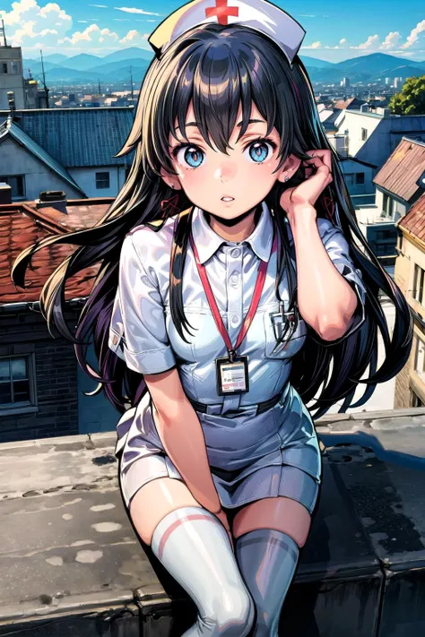 (masterpiece, best quality, detailed), 1girl, solo, looking at viewer, dohna dohna, <lora:yukino_yukinoshita_v2:0.9>, yukino yukinoshita, long hair, hair ribbon, nurse, nurse uniform, white thighhighs, nurse cap, id card, white dress, outdoors, rooftop, day, cityscape, blue sky, cloud, scenery, railing, leaning forward, adjusting hair, hand in own hair, hand on own thigh, from above, parted lips