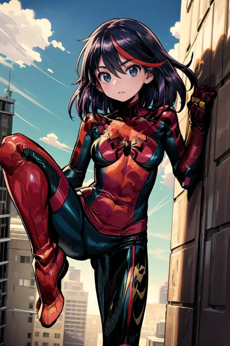 (masterpiece, best quality, detailed), 1girl, solo, looking at viewer, dohna dohna, <lora:matoi_ryuuko:0.8>, matoi_ryuuko, short hair, hair between eyes, multicolored hair, black hair, red hair, streaked hair, , <lora:attire_spider-man:0.8>, spider suit, spider web print, spider web, outdoors, rooftop, day, cityscape, blue sky, cloud, scenery, railing, fighting stance, standing on one leg, kicking, leg up