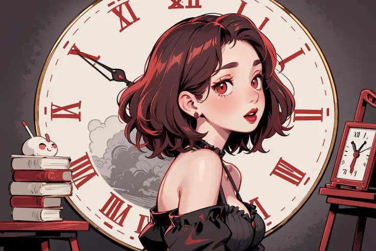 best quality, aesthetic, detailed,1girl,masterpiece,from side, looking at viewer, (greyscale:1.2),red eyes,( red lips:1.3), open mouth, in front of a clock, cleavage, short hair, curly hair, @ @, gold earrings,, <lora:Dohna Dohna-000012:0.5>