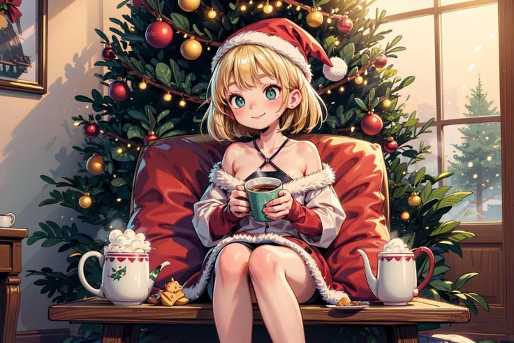 best quality, aesthetic, detailed,1girl, highres, masterpiece, perfect ligthing, bloom, cinematic lighting,somber, adult, mature,light smile,small breasts, perfect skin,blonde hair, holding cup, steam from cup, santa hat, christmas tree, sitting,( fireplace:0.7), <lora:more_details:0.7>,<lora:Dohna Dohna-000012:0.5>