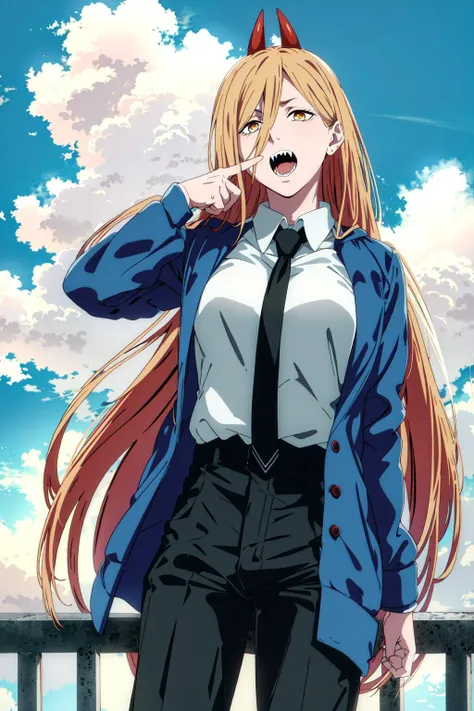 ultra realistic 8k cg, masterpiece, ((ultra detailed background, delicate pattern, intricate detail)), (highly detailed, fine details), best quality, 1girl, (photorealistic:1.4),beautiful lighting,  absurdres, RAW photo, film grain, csm anime style, 1girl, horns, solo, teeth, sharp teeth, sky, open mouth, long hair, cloud, hair over one eye, demon horns, blue sky, day, outdoors, urban yellow eyes, hood, blonde hair, anime coloring, red horns, cloudy sky, jacket, black pants, power (chainsawman), cross-shaped pupils, horns, white shirt, pants, collared shirt, black necktie, blue jacket, pointing finger, <lora:PowerChainsawMan:0.6>,  <lora:csm_anime_style_offset:0.6>