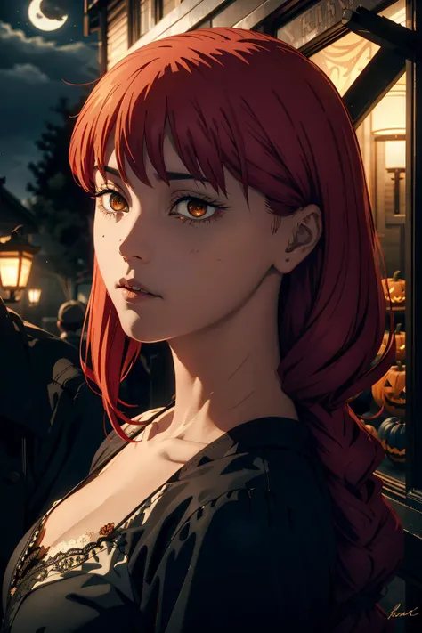 professional 3d model makima \(chainsaw man\), is dressed in an elaborate and detailed Halloween costume, The costume should be a unique and creatively designed ensemble that seamlessly integrates Halloween elements, horror motifs, and her character's aesthetic, Makima's appearance, despite being in costume, should retain her signature elegance and presence, Her attire should be rich in detail, capturing the essence of Halloween through intricate elements like cobweb-like lace, pumpkin-themed accessories, and eerie yet alluring designs, The background of the image should complement the Halloween theme, with a dimly lit, moonlit night setting adorned with jack-o'-lanterns and a hint of spooky atmosphere, The art style should reflect a fusion of the original Chainsaw Man style with the whimsical and enchanting feel of Halloween, creating a visual narrative that draws the viewer into a world where the sinister and the celebratory converge, <lora:csm_anime_style_offset:0.8> csm anime style, <lora:MakimaCSM:0.8> makimacsm, eye_focus, octane render, highly detailed, volumetric, dramatic lighting