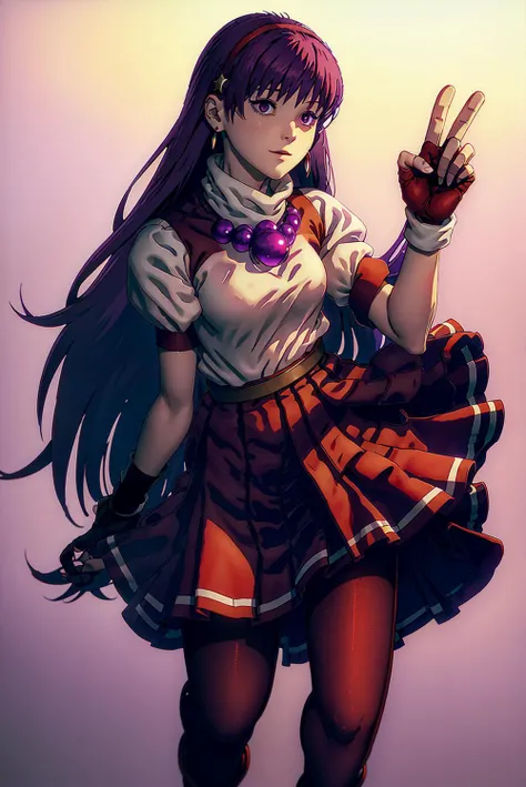 athena97, purple eyes, purple hair, long hair, white earrings, red hairband, star hair ornament, medium breats, red vest, white turtleneck, white puffy sleeves, short sleeves, red pleated skirt, (deep red pantyhose:1.2), black pantyhose, yellow belt, purple sphere shape necklace, red fingerless gloves, white short socks, red shoes, red fingerless gloves, <lora:athena97:1> <lora:csm_anime_style_offset:1>