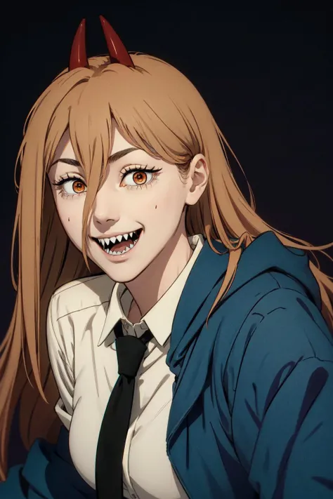 <lora:csm_power-13:1> power \(csm\),orange eyes,sharp teeth,symbol-shaped pupils,cross-shaped pupils,blue jacket,collared shirt,black necktie,black pants, closeup portrait,posing,smile,happy,laughing,
<lora:PurpuraGRANA:1>purple tint,black lines, <lora:csm_anime_style_offset:1>