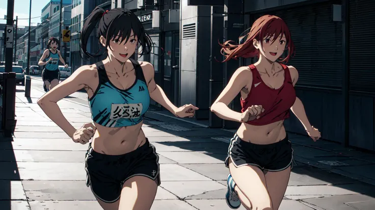 <lora:csm_anime_style_offset:1>, csm anime style, action movie, 2-shot, mid-shot, ((2 girls)), running wear, shorts, running, happy, street, fanservice, sexy body, belly button, naked shoulders, cleavage, big breasts