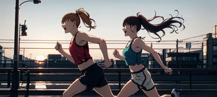 <lora:csm_anime_style_offset:1>, csm anime style, action movie, 2-shot, (upper body:1.3), (2 girls:1.2), running wear, marathon crop tank top, shorts, running together, happy, modern town edge, street, japan, golden hour
