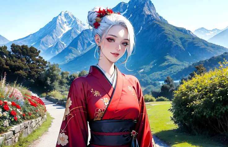 Beauty photo of a gorgeous vampire woman, age 30, pale skin, red eyes, white hair in a bun, elegant makeup, happy grinning, (looking at the viewer), wearing a stylish black and red kimono with gold flower embroidery accents BREAK walking through a serene garden, mountain backdrop, shooting star, upper body focus, vibrant colors, sunny day