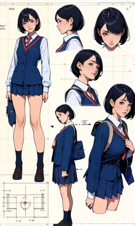 (character design sheet:1.4), (technical diagram:1.4),
(masterpiece), (best quality),
1girl, (perfect face:1.2), (beautiful face:1.2), black hair, short hair,
school uniform, school bag,
happy, high resolution, intricate,