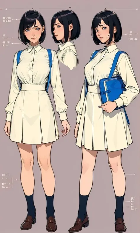 (character design sheet:1.4), (technical diagram:1.4),
(masterpiece), (best quality),
1girl, (perfect face:1.2), (beautiful face:1.2), black hair, short hair,
school uniform, school bag,
happy, high resolution, intricate,