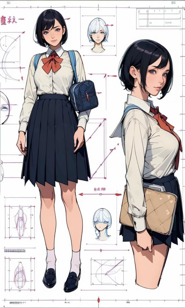 (character design sheet:1.4), (technical diagram:1.4),
(masterpiece), (best quality),
1girl, (perfect face:1.2), (beautiful face:1.2), black hair, short hair,
school uniform, school bag,
happy, high resolution, intricate,