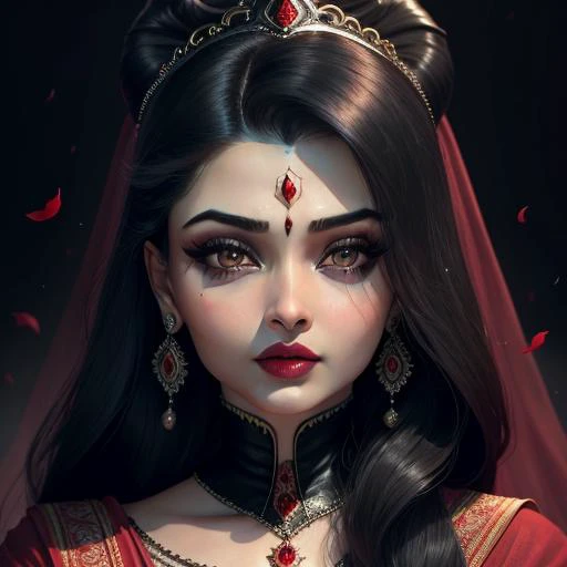 portrait of the upper body of 1 woman Aishwarya Rai Bachchan, 41, Female, With striking green eyes, a sharp red lip and severe updo, Aishwarya Rai Bachchan makes a convincing Maleficent in her latest post, Square and round face shape, Angular jaw, Normal face length, Aishwarya Rai Bachchan indian look, Aishwarya Rai Bachchan indian women face, Aishwarya Rai Bachchan is an Indian actress, black dark background, blood on face, Luna BLACK DUST ~ Moon Witch big long Crown Gothic Crown Quartz Dark Black Festival Crown Headpiece, veins, red blood on face, tissues, tubes, scary, horror , dark, impressionism, abstract, negative space