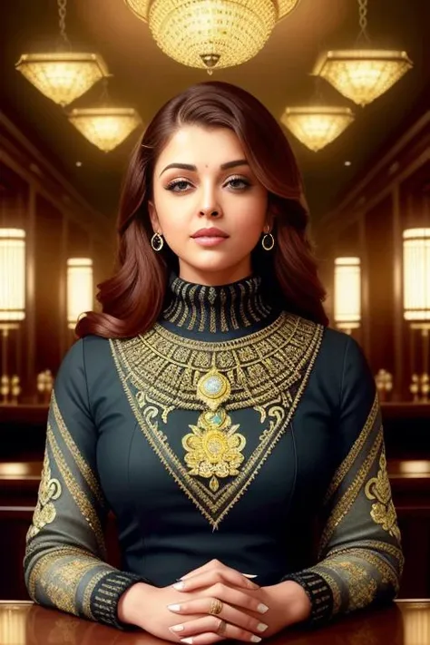 a photo of aishwaryarai-8-005-2800 a woman, photorealistic painting, attractive, at a (luxury restaurant), ((highly detailed face)), wearing turtleneckc sweater, intricate, 8k, highly detailed, volumetric lighting, digital painting, intense, sharp focus, art by artgerm and rutkowski and alphonse mucha, cgsociety, ((detailed eyes)), chandeliers, candles, dimly lit