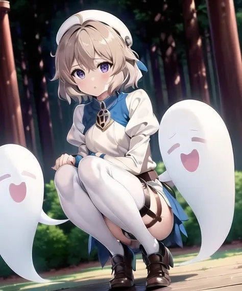 masterpiece, best quality, iwanaga kotoko, detailed, solo, full body, detailed eyes, beautiful eyes, glowing eyes, prosthetic leg, light brown hair, purple eyes, short hair, small breast, hair bow, thigh strap, purple magic,japanese shrine at (night) lit by candles, (ghost in background), professional lightning, spotlight, volumetric lightning, <lora:TsumasakyIwanagaKotoko_v2:1>