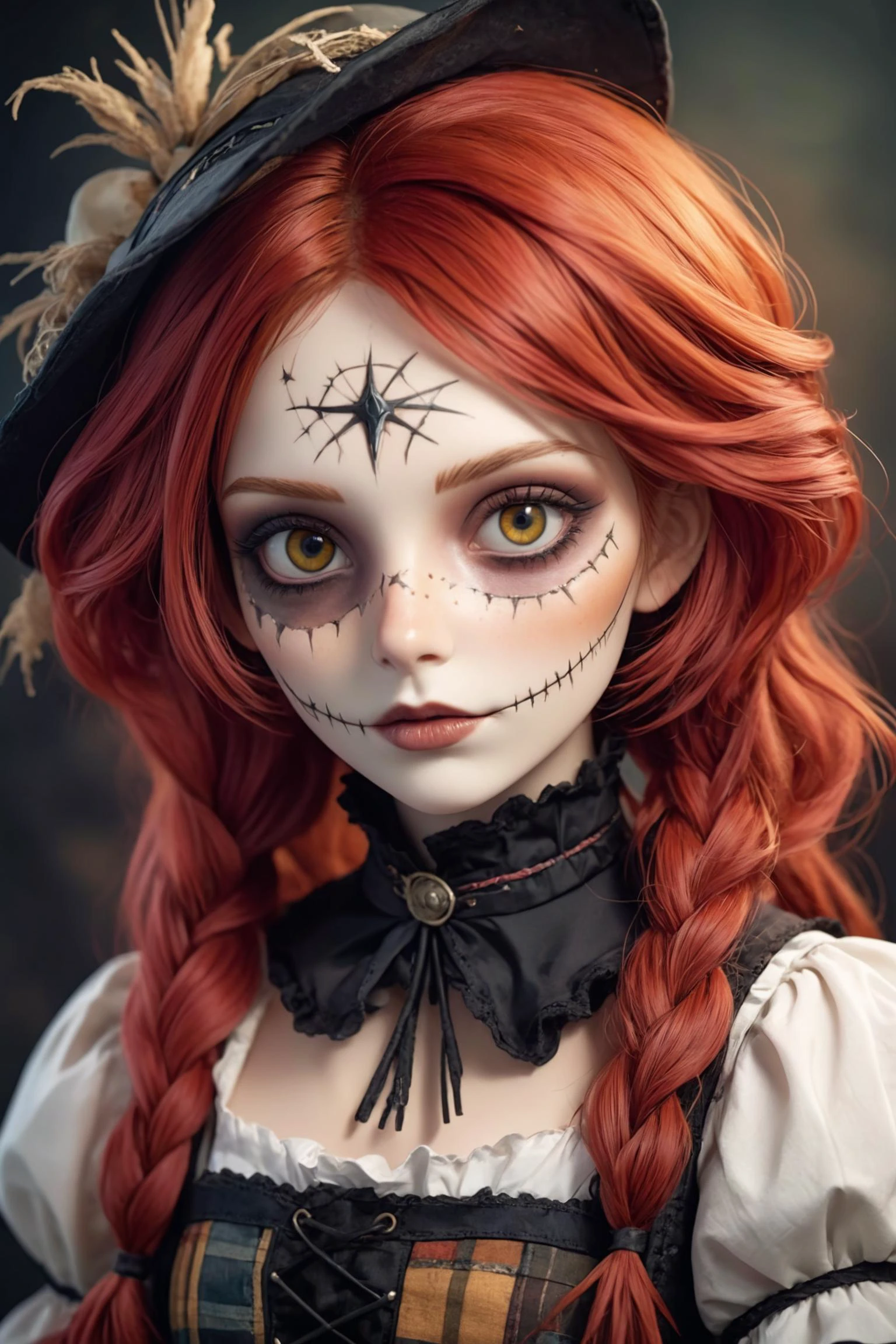 a woman with red hair and makeup,patchwork doll,real human face with skin,dreamy gothic girl,scarred,cosplay,8k highly detailed,pinterest wallpaper,the scarecrow,twoface,