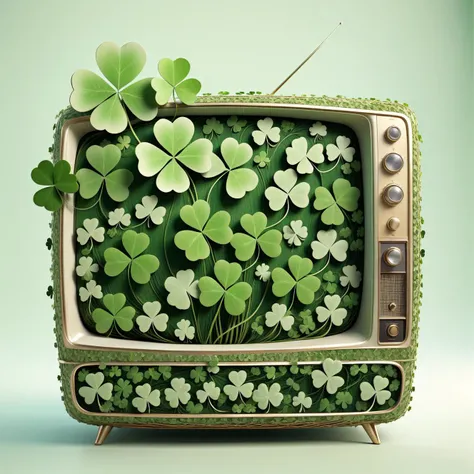 old television made of  HUD_shmrck, delicate shamrock clover leaves intricately woven together, <lora:Shamrocked:0.8> creating a whimsical and ethereal look, highly detailed
