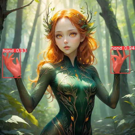 ethereal fantasy concept art of beautiful forest woman,bodysuit,upper body,hand up,Amber eyes, . magnificent
