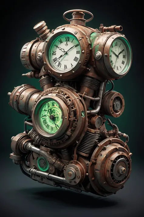 Abstract style (Green Eyes:1.3) BREAK a motorcycle engine with a clock on top,neon heart reactor,saatchi art,detailed rusty armor,by Wyke Bayliss,inspired by Richard Gordon Kendall,aftermarket parts,high octane,ecopunk,large bust,magic heart,male artificer, . Non-representational