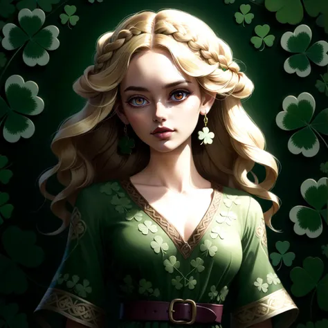mountains,   Make a stunning, best quality illustration, (  wearing  Tunic with embroidered borders and a belted waist ), Charmer, Average Height, in shape, Heart-Shaped Face, Tan Skin, Golden Blonde Hair, brown Eyes, [[Curved Nose]], Pouty Lips, Sharp Chin, Long Hair, Wavy Hair, Braided Updo, full breasts, Threader earrings, grape cream lipstick, Printmaking, distinctive, Lightning, Ice, wearing HUD_shmrck, a dress made of delicate shamrock clover leaves intricately woven together, <lora:Shamrocked:0.8>, creating a whimsical and ethereal look, highly detailed