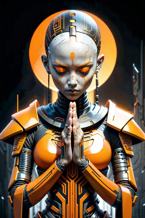 Abstract style a woman in a black and orange outfit,zen méditation cyberpunk,praying,bodypaint,african female android,grey armor,inspired by Nína Tryggvadóttir,grieving. intricate,detailed unblurred face,2 1 st century monk,eve,maya renderer,praised,nanite, . Non-representational
