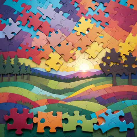 sprawling meadow sunset made from multicolored jigsaw pieces, <lora:Style_JigsawXL:0.8>