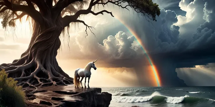 (((masterpiece))) , (((best quality))) , <lora:CharcoalDarkStyleXL:1.2> CharcoalDarkStyle, photograph, Cinestill, HDR, 1900'S 1920'S 1woman, 1unicorn standing on a cliff under a tree, cosmic stormy ocean in the background, from inside of a South Sudan, Reflected light, Warm Colors, Ilford FP4 125, Sci-Fi, key visual, highly color focused, highly detailed, very, magic atmosphere, contemporary fine detail