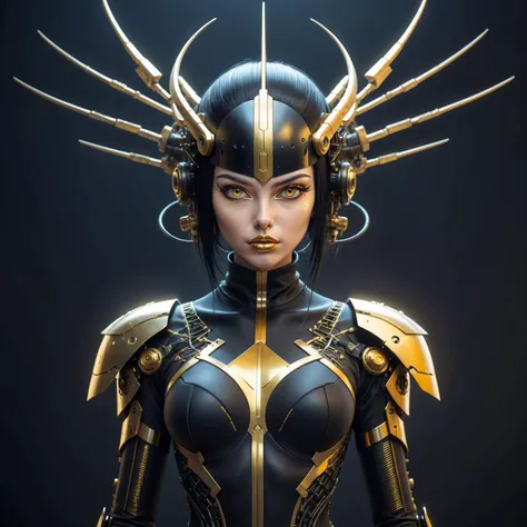 HDR photo of a woman in a black costume with golden accents,Gold Lipstick,cyberpunk aesthetics,black hair,antenna headpiece,very sexy outfit,inspired by Igor Morski,sci - fi aesthetics,intricate outfit,sexy outfit,amazing beauty,cyberpunk anime girl mech,perfect body,cyberpunk, . High dynamic range