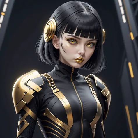 Techwear fashion a woman in a black costume with golden accents,Gold Lipstick,cyberpunk aesthetics,very sexy outfit,inspired by Igor Morski,sci - fi aesthetics,intricate outfit,sexy outfit,amazing beauty,cyberpunk anime girl mech,perfect body,cyberpunk, . Futuristic