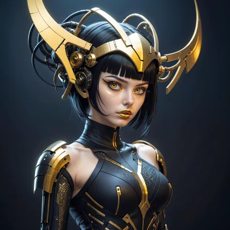 HDR photo of a woman in a black costume with golden accents,Gold Lipstick,cyberpunk aesthetics,black hair,antenna headpiece,very sexy outfit,inspired by Igor Morski,sci - fi aesthetics,intricate outfit,sexy outfit,amazing beauty,cyberpunk anime girl mech,perfect body,cyberpunk, . High dynamic range