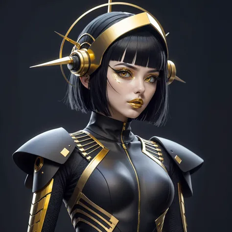 Techwear fashion a woman in a black costume with golden accents,Gold Lipstick,cyberpunk aesthetics,black hair,antenna headpiece,very sexy outfit,inspired by Igor Morski,sci - fi aesthetics,intricate outfit,sexy outfit,amazing beauty,cyberpunk anime girl mech,perfect body,cyberpunk, . Futuristic