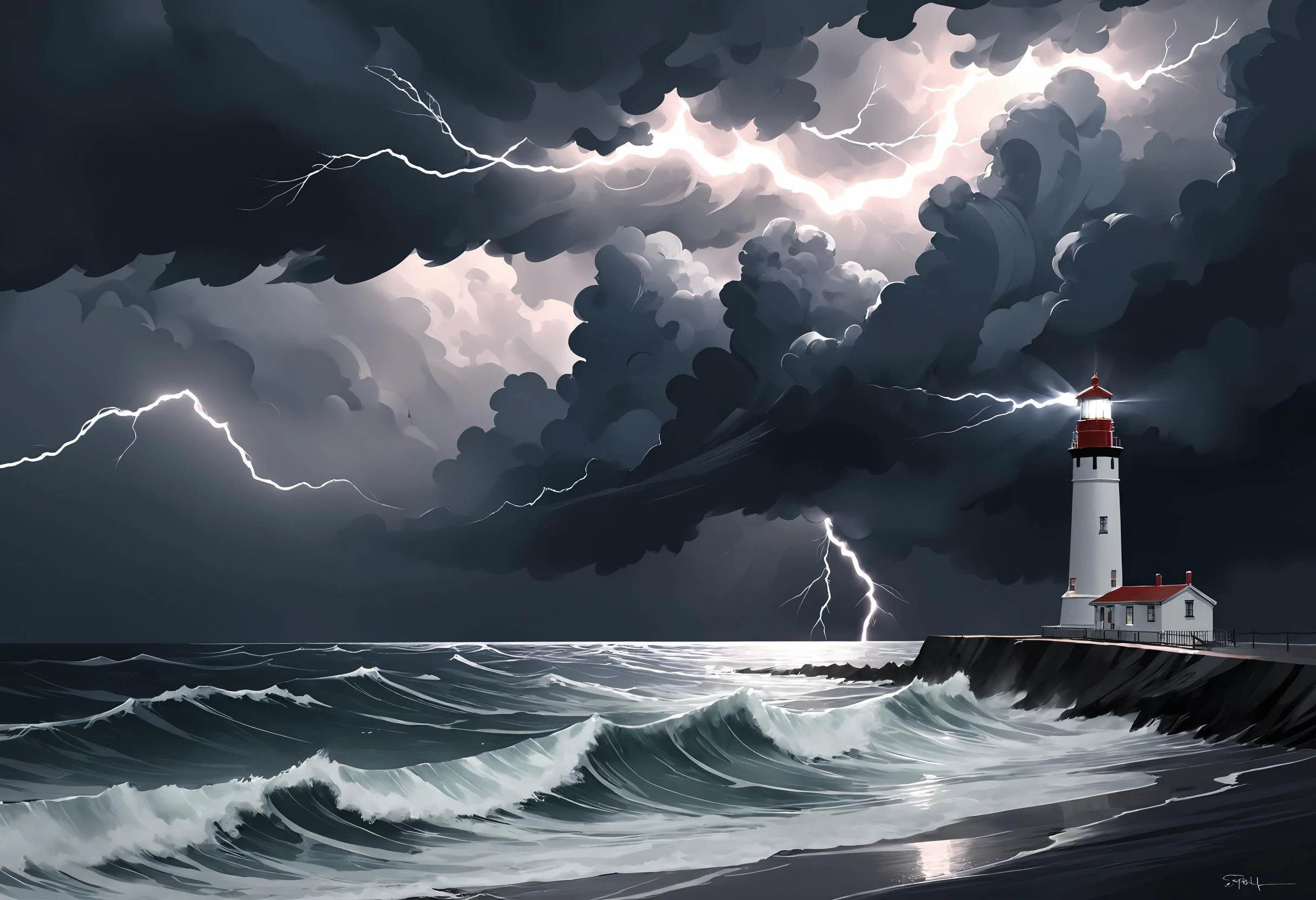 digital illustration, ocean, lighthouse, storm, lightning, waves, cloudy sky, distant shoreline, <lora:Maximalist_Drawing_BW:0.79>, pstyl3, negative space, abstract,