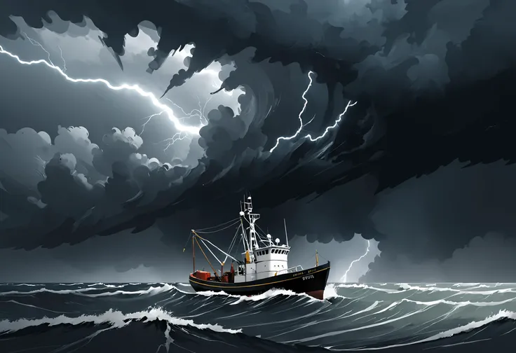 digital illustration, ocean, fishing trawler, storm, lightning, waves, cloudy sky, distant shoreline, <lora:Maximalist_Drawing_BW:0.79>, pstyl3, negative space, abstract,
