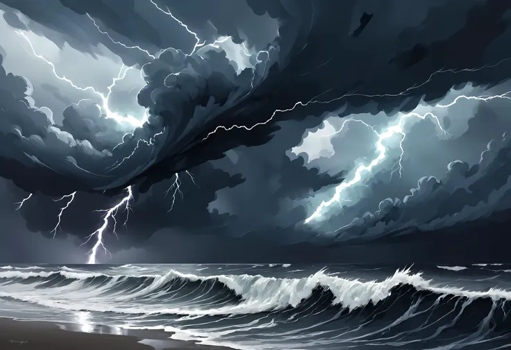 digital illustration, ocean, storm, lightning, waves, cloudy sky, distant shoreline,  <lora:Maximalist_Drawing_BW:0.79>, pstyl3, negative space, abstract,