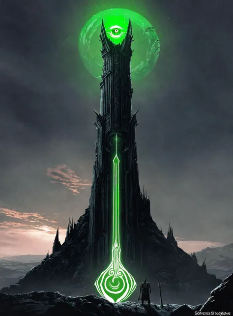 sauron's tower in green team santa ai overlord style with a green glowing eye <lora:AI_Overlord_Santas_-_The_Green_Team_LoRA:0.8>