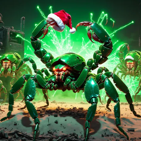 postapocalyptic war scene of a group of massive EdobScorpion battle mechs with robotic ai overlord (santa faces) in green team colors neon green lasers and a (santa hat), explosions, bullet trails <lora:EdobScorpionPhotoReal_XL_v1.0:0.75> <lora:AI_Overlord_Santas_-_The_Green_Team_LoRA:0.5>