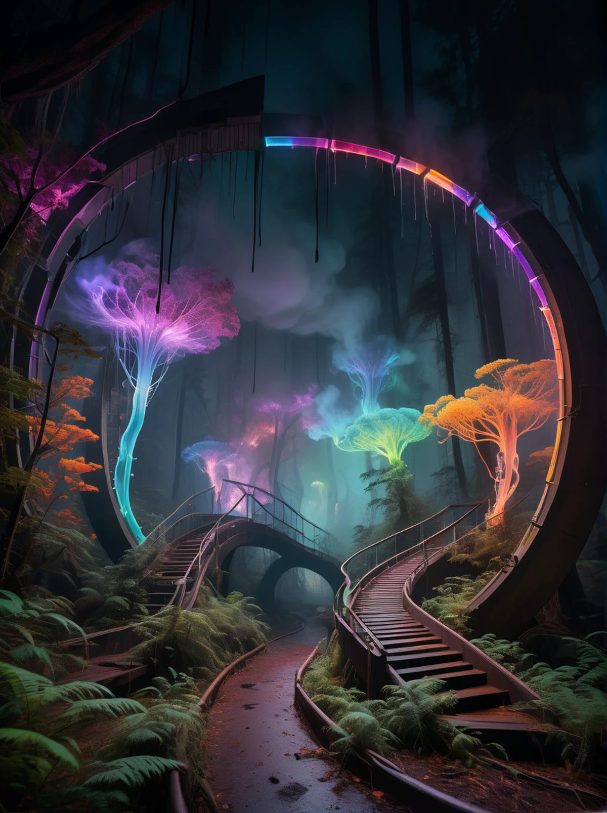 cinematic photo, tall tech curved structures, vibrant colors, glowing light, bioluminescent forest, (colored smoke dripping from the lights:1.4) tunnel, <lora:add-detail-xl:1>