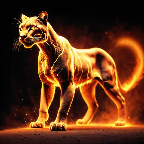 puma made from glowing and fire, action pose, dust circles