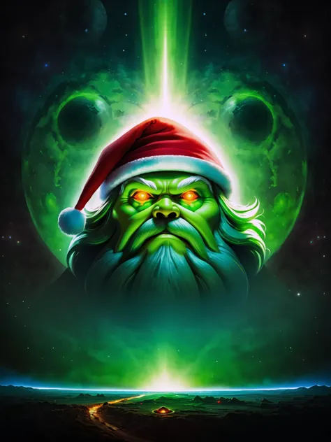 HDR photo of Space-themed Dreamscape [nucleus:energy core:0.5],[planets:galaxy:0.4],overlord entity santa,[nebula:glowing:0.4],[ringworld:gems:0.5],glowing eyes,the watcher,greenteam,santa hat,green focus,godlike,<lora:AI_Overlord_Santas_-_The_Green_Team_LoRA:0.9>, . Surreal . Cosmic . High dynamic range