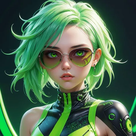 a woman with green hair and sunglasses,neon green bodysuit,upper body close up,looking straight at viewer,cgsociety cyberpunk,trending on artstatioin,stunning 3d render of a fairy,(3d render:1.3),charli bowater and artgeem,cyberpunk angry gorgeous goddess,imvu,2070s,breathtaking render,