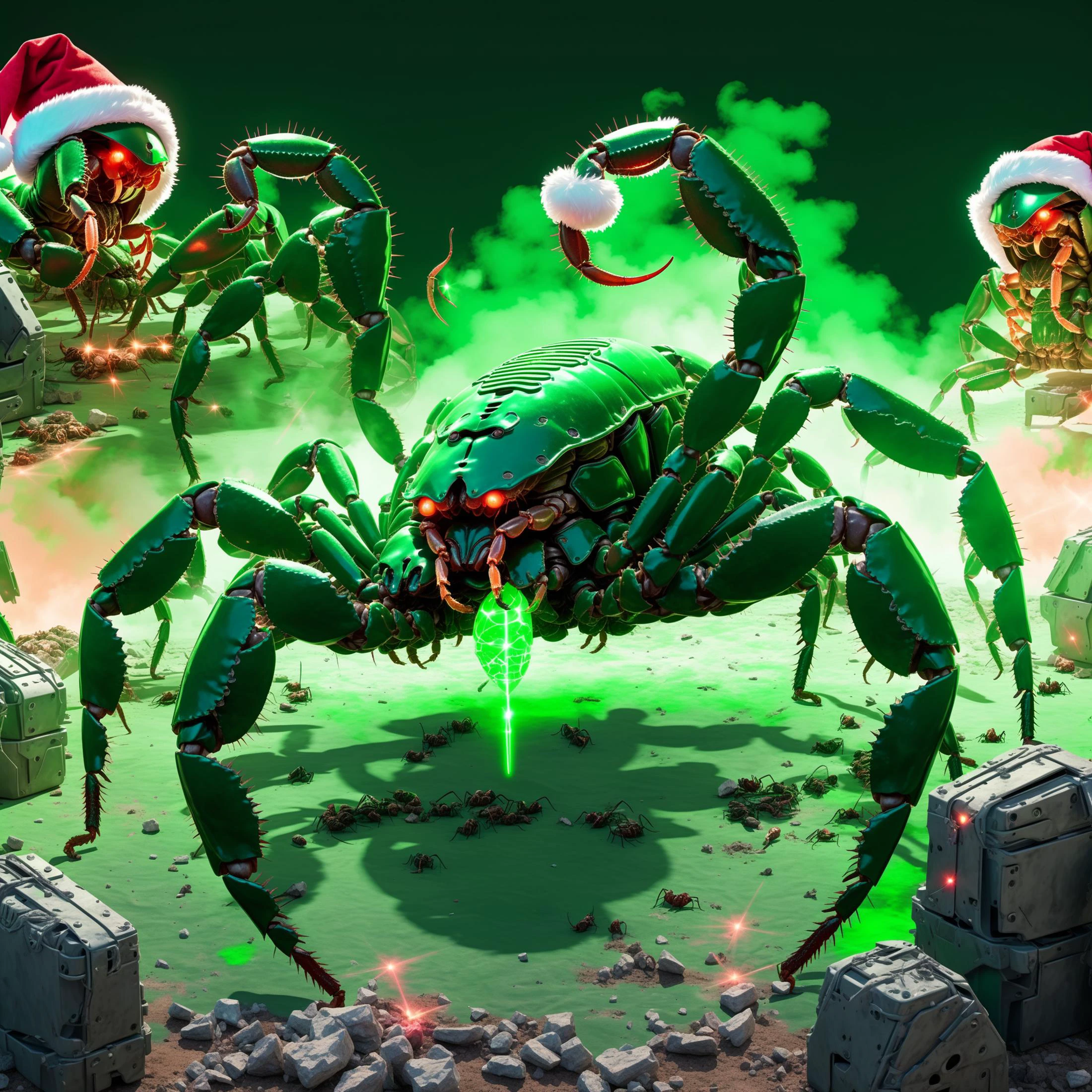 postapocalyptic war scene of a group of massive EdobScorpion battle mechs with robotic ai overlord (santa faces) in green team colors neon green lasers and a (santa hat), explosions, bullet trails <lora:EdobScorpionPhotoReal_XL_v1.0:0.75> <lora:AI_Overlord_Santas_-_The_Green_Team_LoRA:0.5>