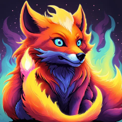 cute flaming fox, iridescent colors, brho style