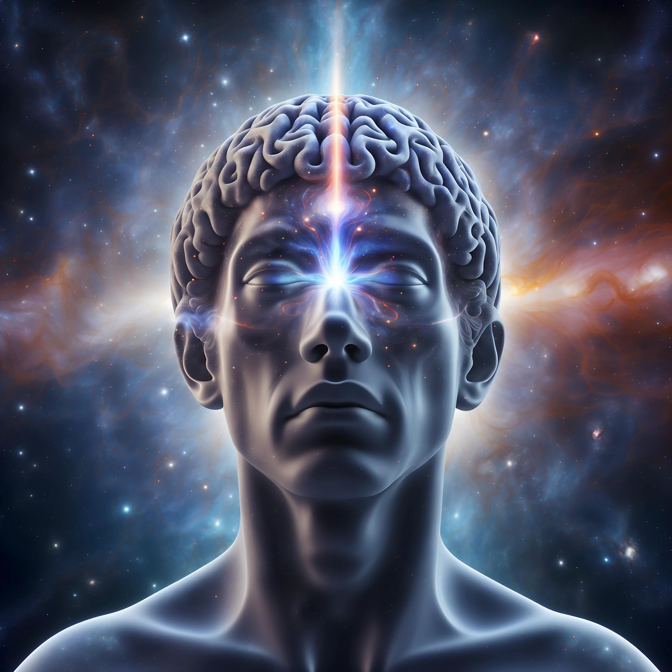 highly detailed image of a spiritually elevated human with galaxybrain way of thinking, he has in a way become a god, his thoughts going into deep space at hyperspeed