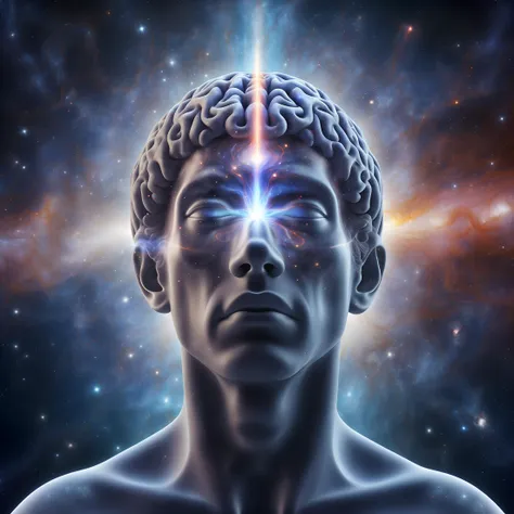 highly detailed image of a spiritually elevated human with galaxybrain way of thinking, he has in a way become a god, his thoughts going into deep space at hyperspeed 