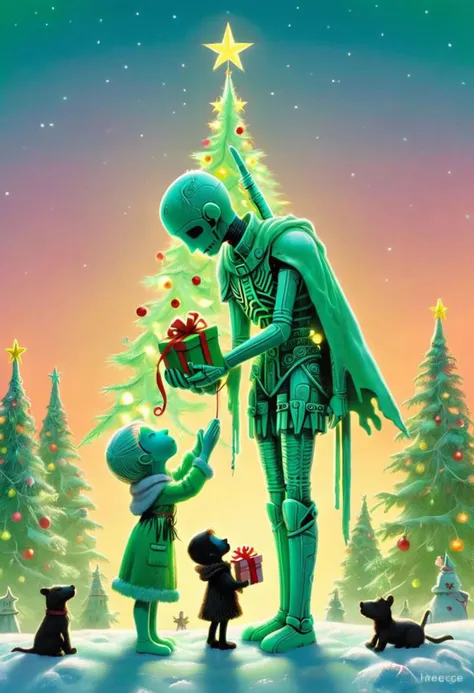 By Herg: Sideview Silhouette of Pastel Green Xmas necrons bringing Teddy to crying Girl, a neon-pastel knitted Sky, festive translucent Sci-fi necrons Guardian Christmas town to the Sky