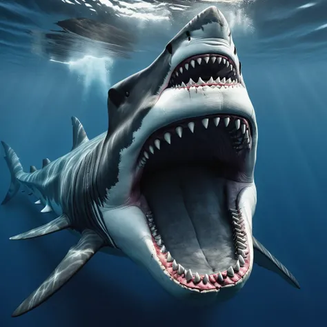 a giant megalodon shark, full body, enormous, open mouth, teeth, fierce, underwater, extreme Long Shot<lora:JuggerCineXL2:1>
