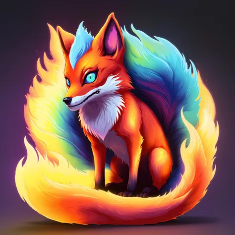 cute flaming fox, iridescent colors, brho style